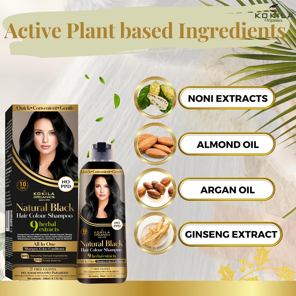 Kokila NO PPD Shampoo Hair Colour - Black 400ml for Women and Men | Natural Extracts | Colours Hair In 10 Minutes | Ammonia Free, Paraben Free - 10
