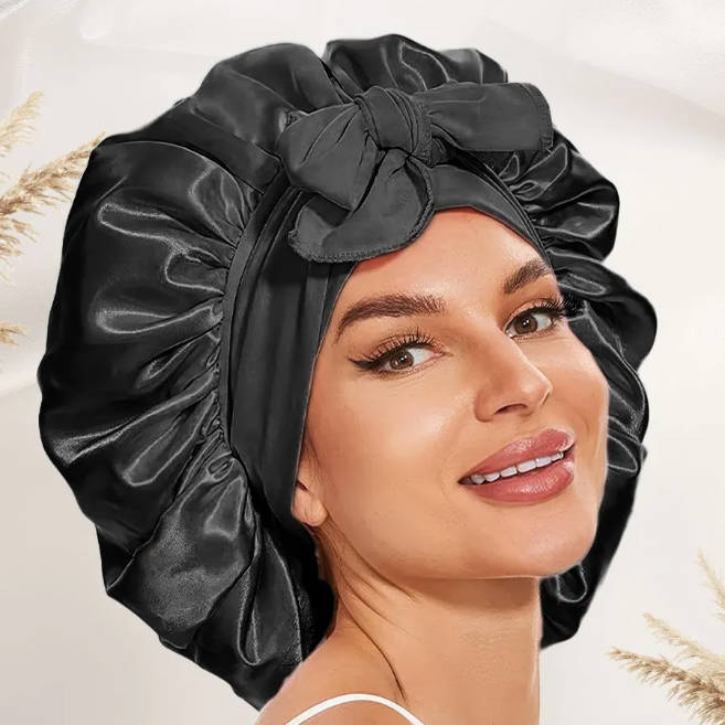 

Lady s Elastic Ribbon Bow-colored Cotton Round Hat, Color Synthetic Silk Sleeping Hat, Beauty And Hair Care Headscarf Hat. One Size чёрный