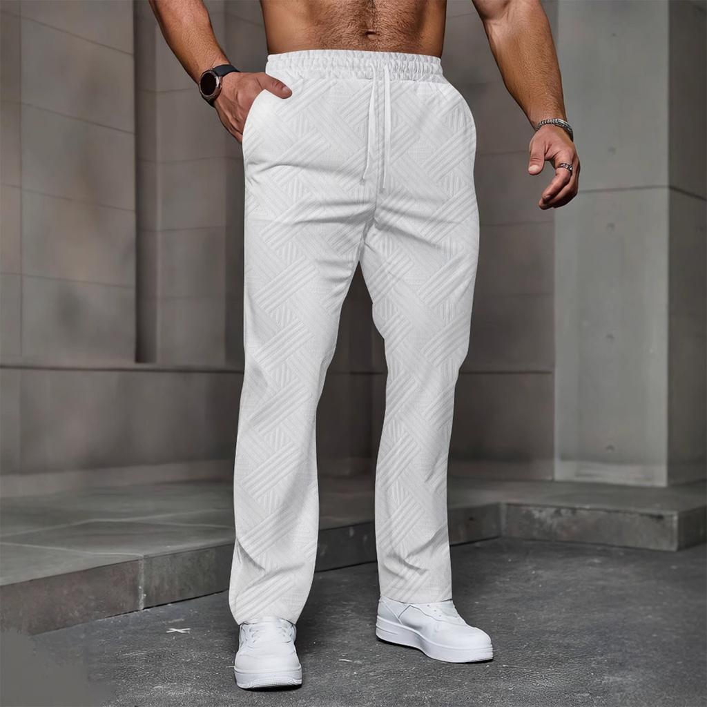 Men's Casual Jacquard Drawstring Loose Fit Solid Color Pocket Sports Pants Comfortable Elastic Waistband Activewear Bottoms