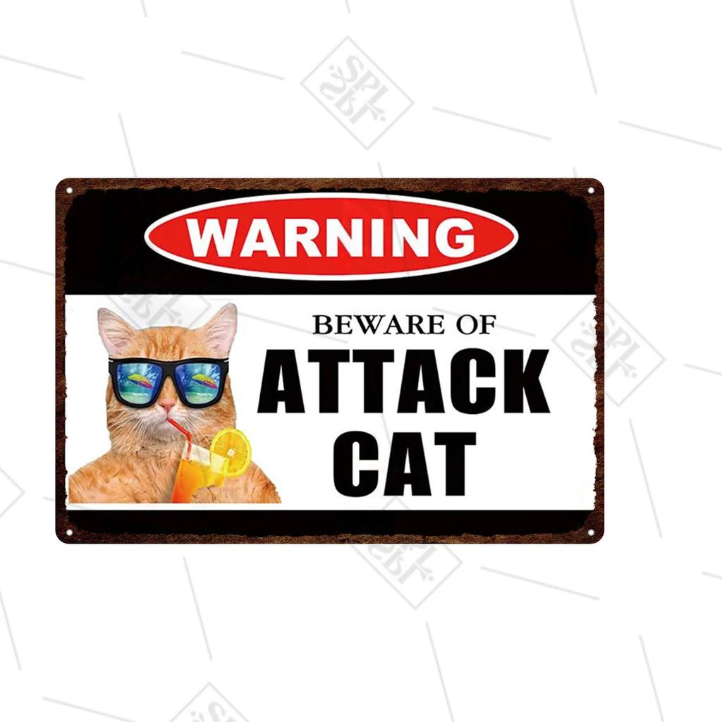Pet Shop Warning Sign Beware of The Attack Cat Metal Sign Animals Tin Plate Pet Shop Wall Sticker Decoration Vintage Home Decor
