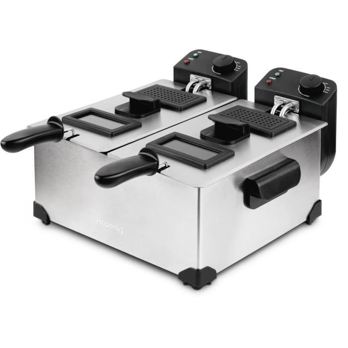 Fritteuse HKOENIG - DFX600 - Doppelkammer 2x3L - Unabhängige Thermostate - Abnehmbare Körbe - Edelstahl - 3600W