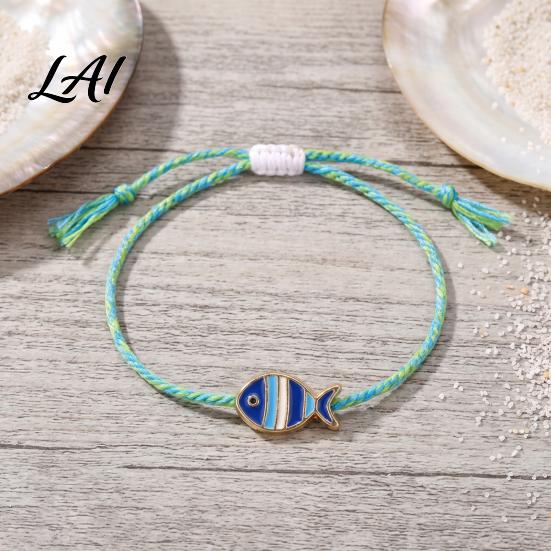 Colorful Striped Rope Bracelet Small Fish Handmade Braided Bracelet Boho Cute Woven Summer Beach Wrist Accessories String Adjustable Wristband