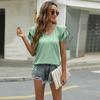 Women's Summer Solid Color V-neck T-shirt Double Ruffled Sleeves Loose Top