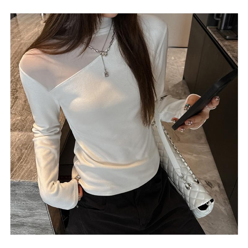 Women S Long Sleeve Slim Fit Mesh Patchwork Basic Top For Autumn Winter