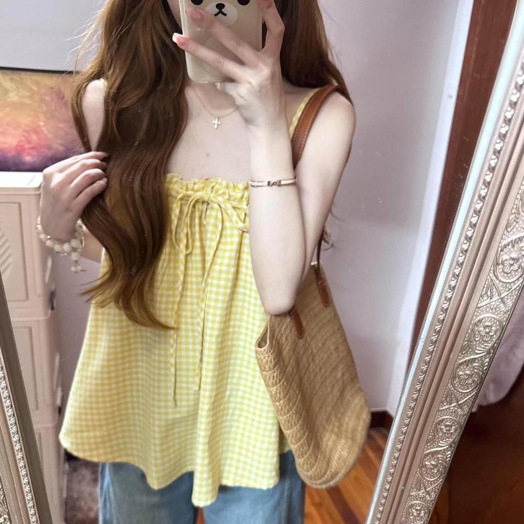 Korean Sweet Casual Vacation Suspender Summer Vest Drawstring Age-reducing Pleated Shirt Loose Niche Sleeveless Top