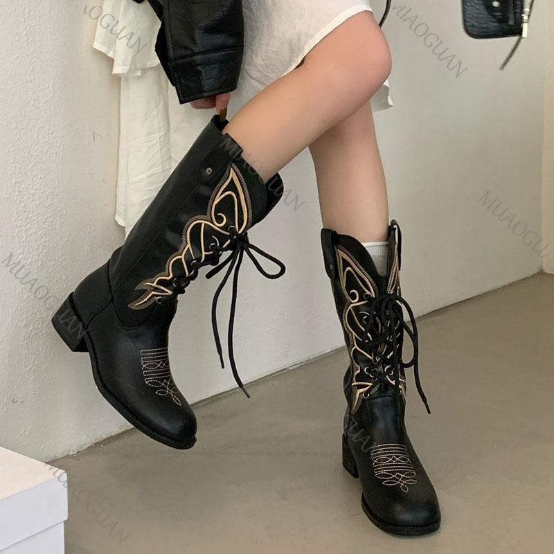 Fashion 2025 Autumn Winter New Lace-up Round Head Mid-calf Boots for Women Embroidered Boot Female Female Chunky Heeled Botas Femininas