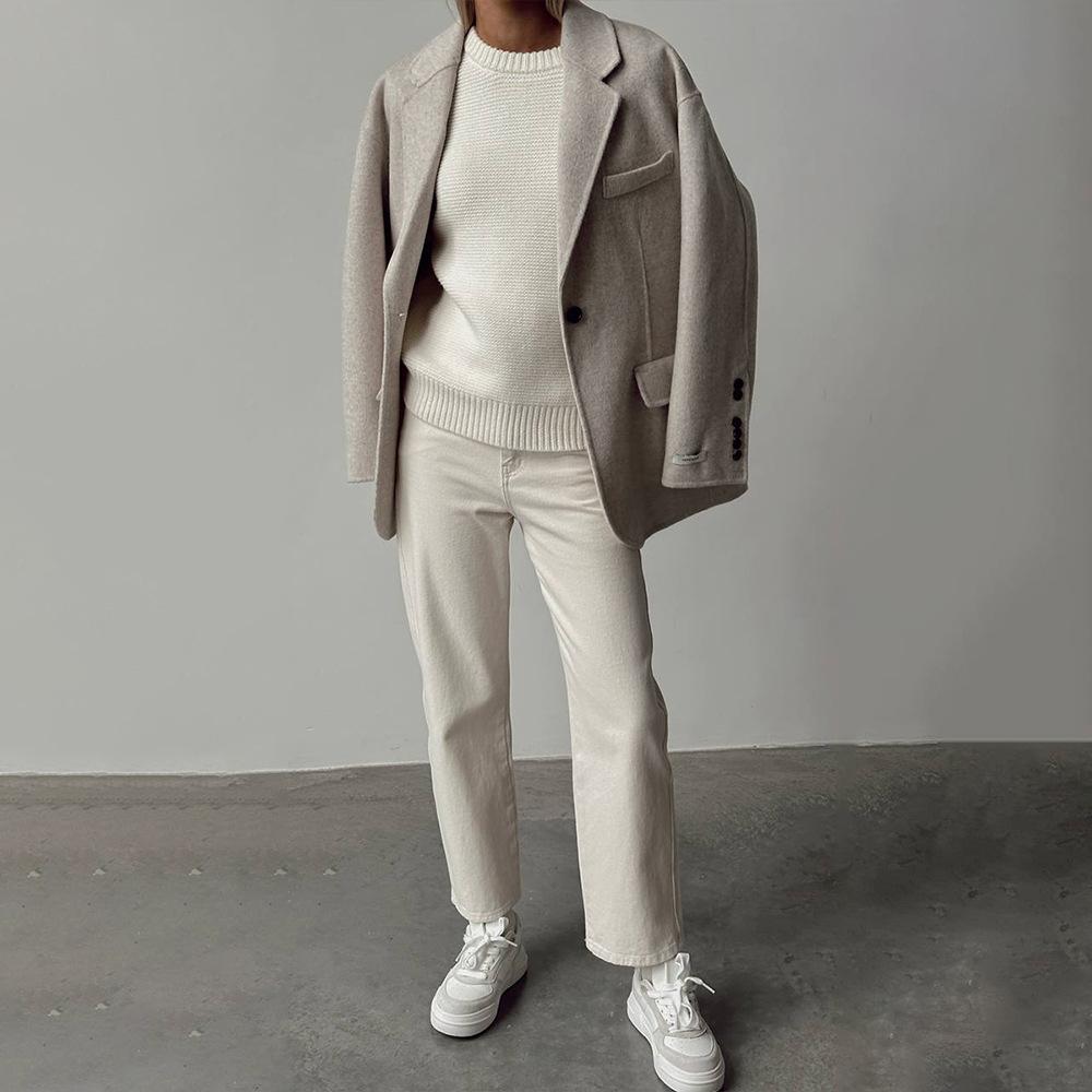 Autumn Winter Pure White Sweater Women's Round Neck Lazy Pullover Temperament Simple Comfortable Knitted Undercoat Top