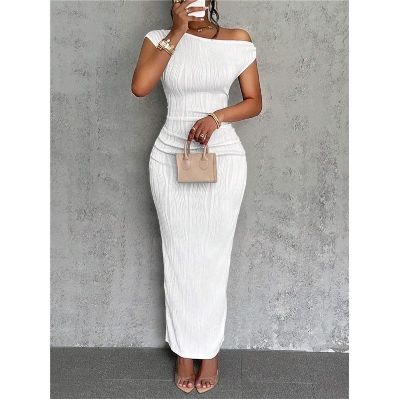 Sexy Solid Color Dress Cute Slim Water Ripple Diagonal Shoulder Dress