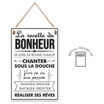 [R5065] - Plaque métal 'La Recette du Bonheur' blanc - 30x20 cm