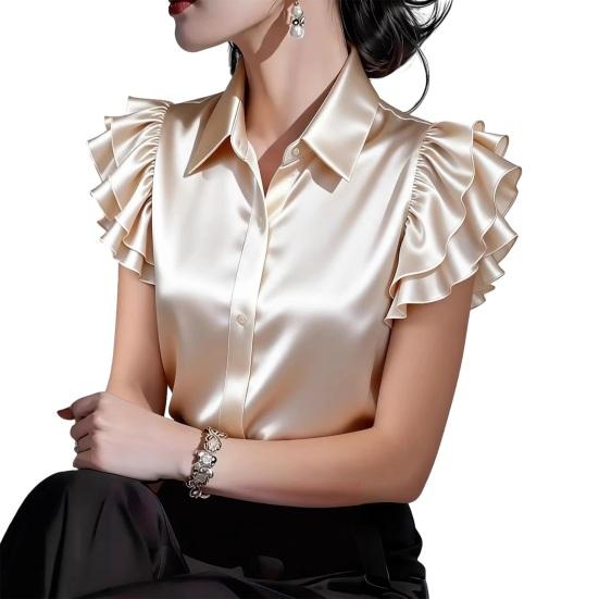 

Women Shirt Lapel Ruffle Short Shirt Tops Pure Sleeve Single Breasted Color Smooth Satin Shirt Tops M абрикосовый