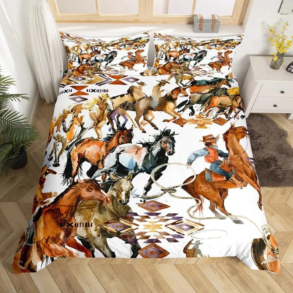 Western Cowboy Bettbezug Wildwest-Thema Cowboy Mikrofaser Rodeo Cowboy auf Pferd reitend Quiltbezug Schlafzimmerdekoration Frauen Männer