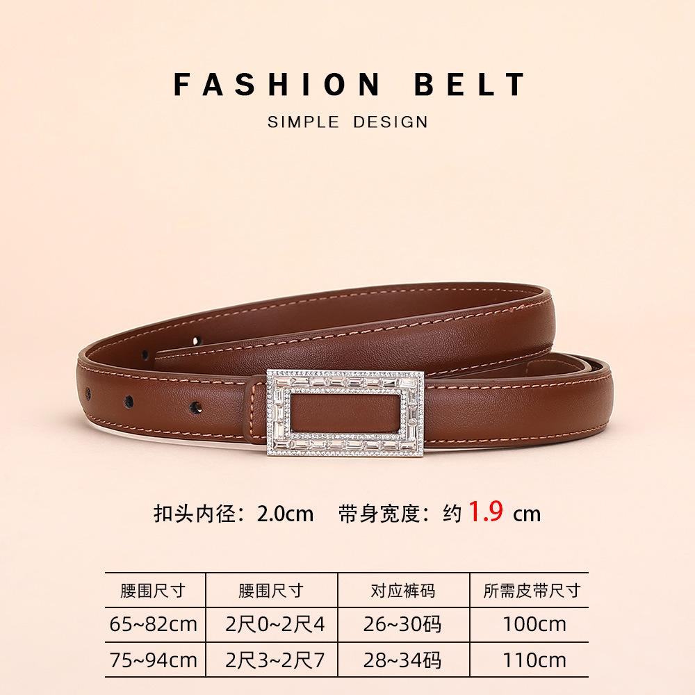 Women'S Leather Belt Rhinestone Inlaid Premium Jeans Pants Belt Square Buckle Cowhide Belt Women'S