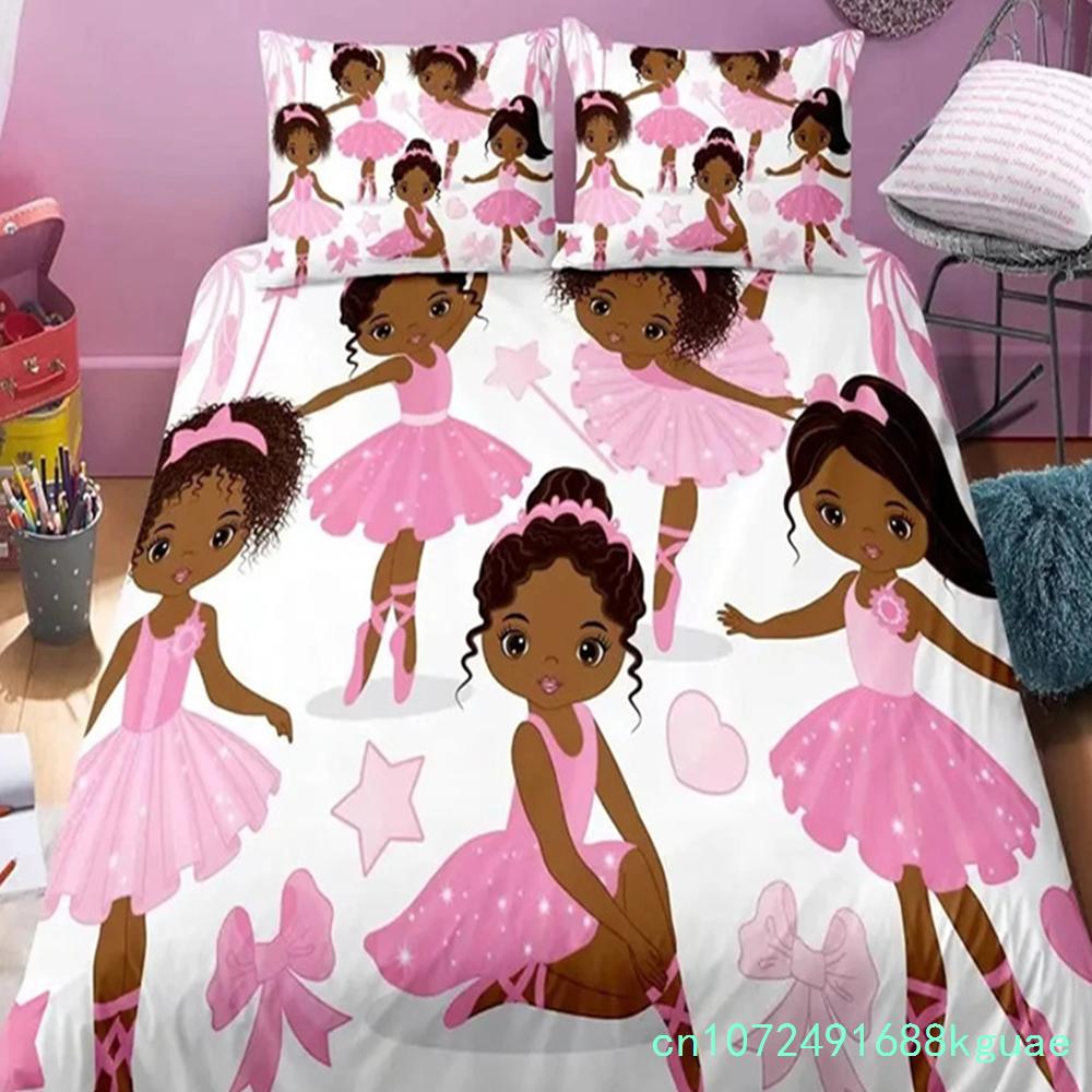 American Black Girl Duvet Cover Set,Black Girl Magic Bedding Set Full Size,Cute Little Afro Black Princess Comforter Cover Sets