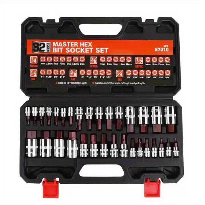 HORUSDY Allen Socket Set | 32pcs Hex Bit Socket Set | S2 Steel Socket | SAE And Metric | 1/4", 3/8", & 1/2" Drives