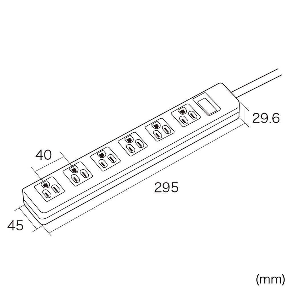 SANWA SUPPLY Power TAP-N3625N 3-Pin, 6-Outlet Strip, 2.5m