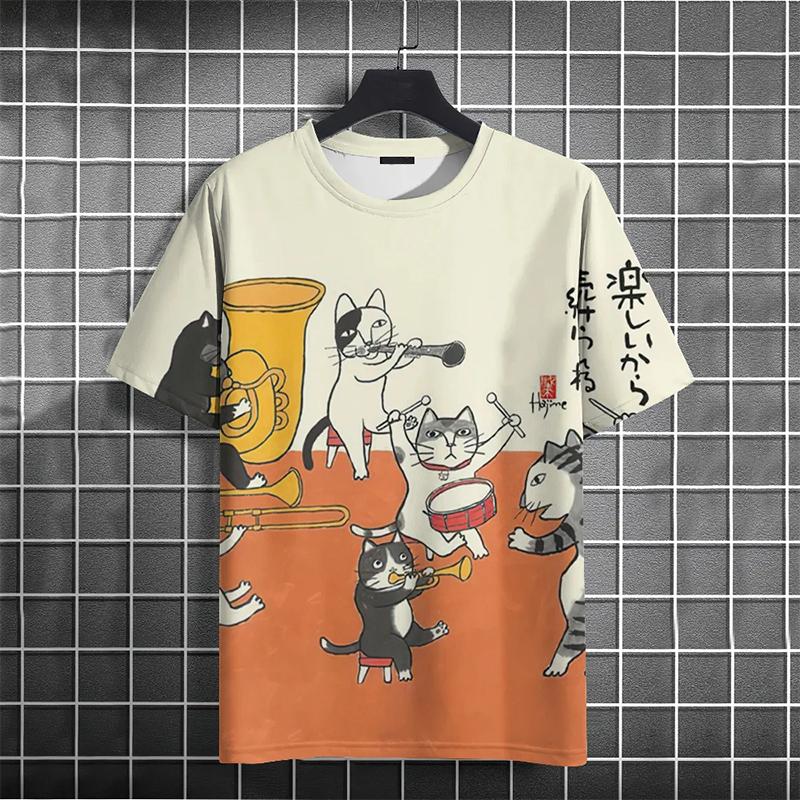 Summer Round Neck 3D Funny Cat Print Top Fashionable Casual Short Sleeved Men's T-shirts