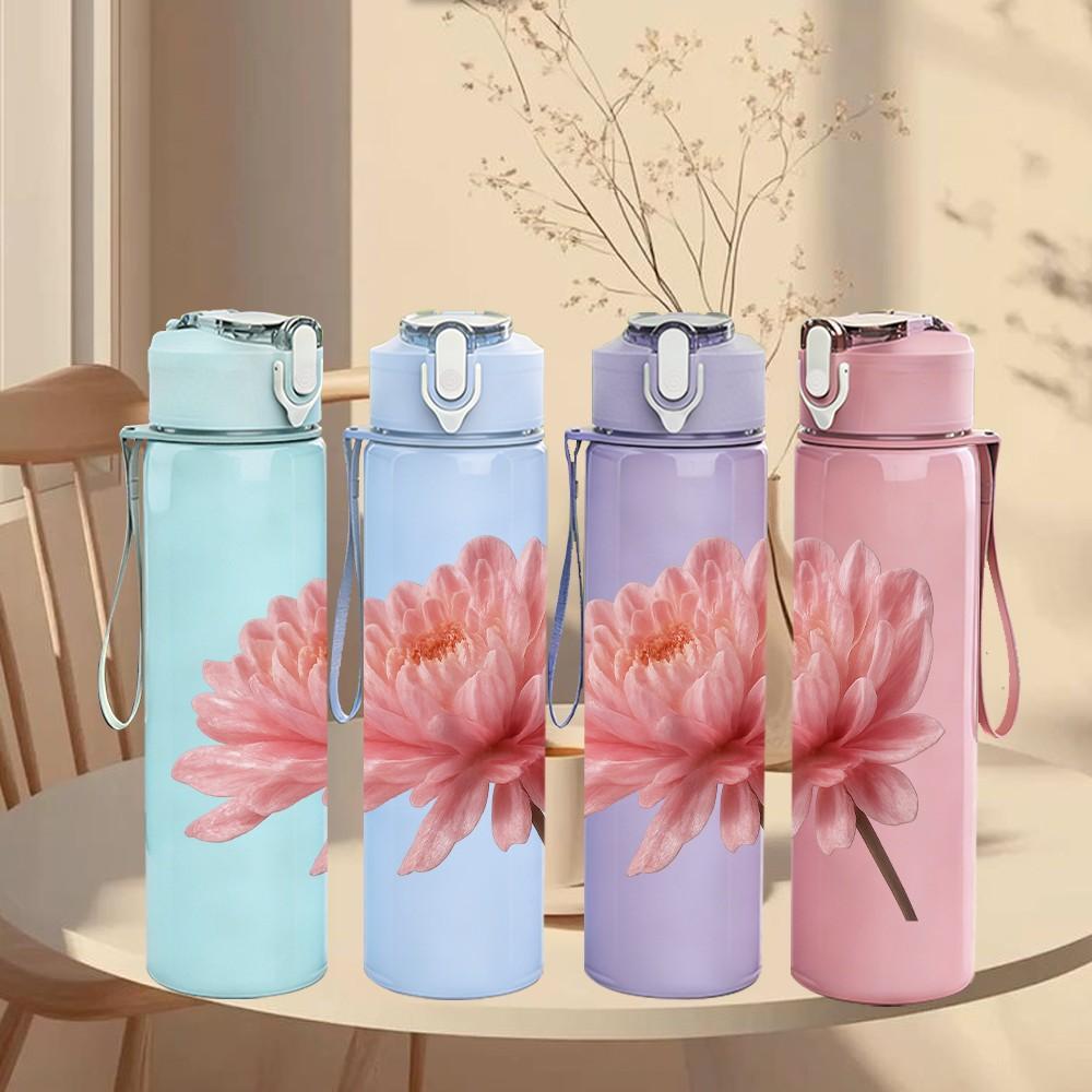 1PC Single Pink Lotus Bloom Art 750ml Color Plastic Sports Water Bottle Leakproof Flip Straw Lid For Sports Office Home Use