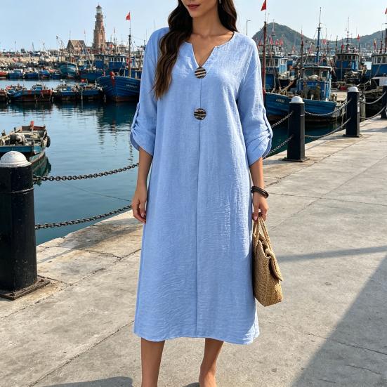 Sommer Baumwollkleid für Damen Langarm V-Ausschnitt Fließendes Langes Kleid Lässig Strandurlaub A-Linie Sommerkleid