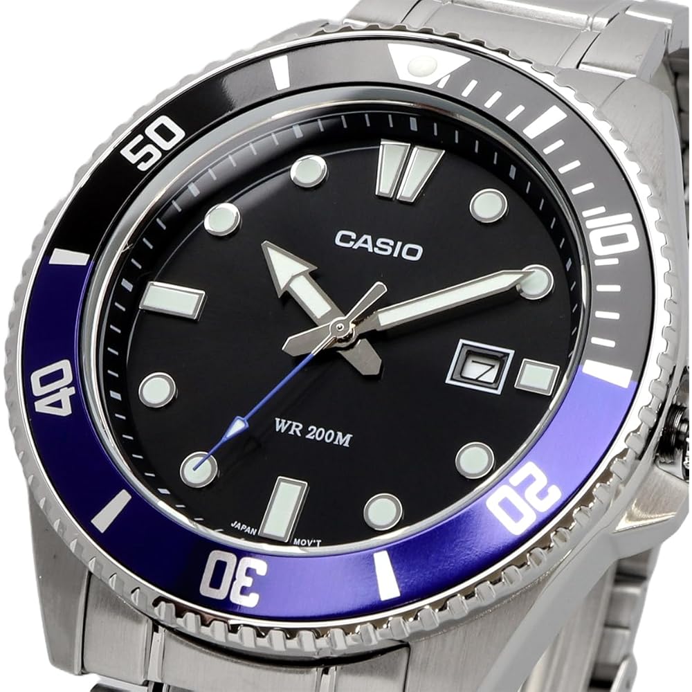 Casio Standard Analog Sports Watch 20 ATM Water Resistant Men's Black Blue Bezel Metal Band