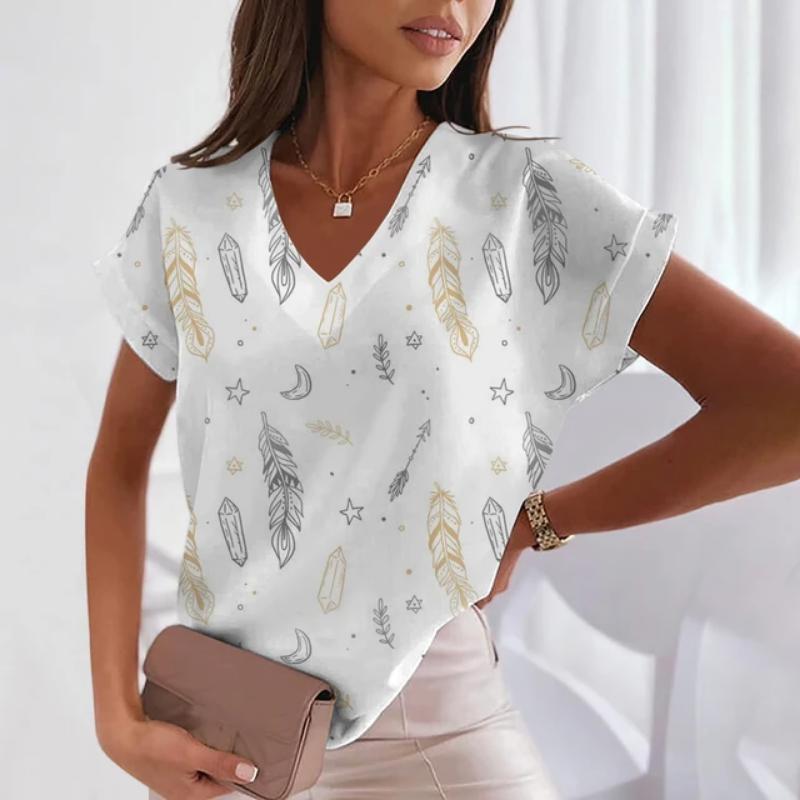 Summer Short Sleeve T-Shirt Feather Pattern 3D Women's Tops V Neck Women's Plus Size Women's Fashion Y2k Street Trend Clothing