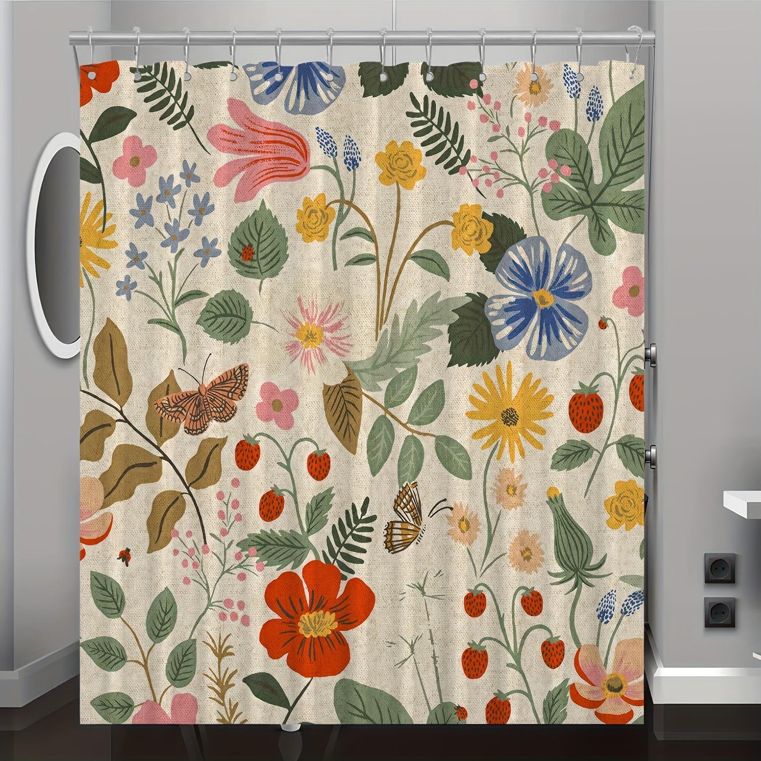 1 Vintage Floral Shower Curtain - Colorful floral and butterfly pattern, machine washable polyester, hooks included 90x180cm