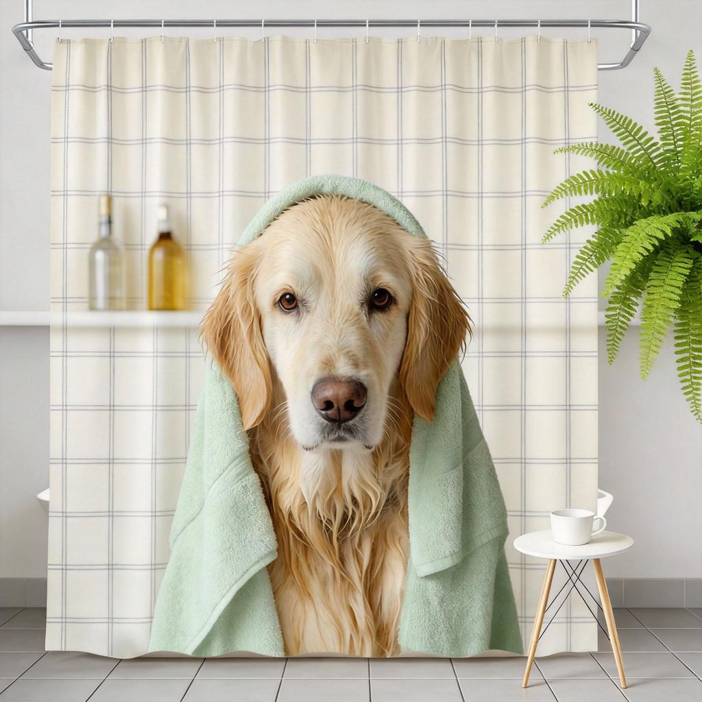Golden Retriever Duschvorhang 180x180cm – Hund in Handtuch gewickelt, Geschenk für Hundeliebhaber, 12 Haken Badezimmer dekorativer Duschvorhang