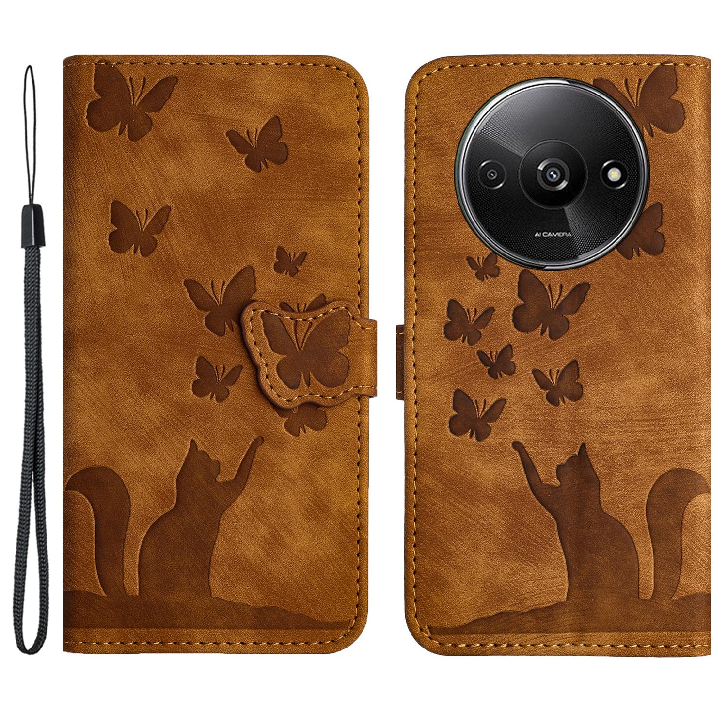

For Xiaomi Redmi A3/Poco C61 4G Case PU Leather Phone Cover Butterfly Cat Pattern Brown