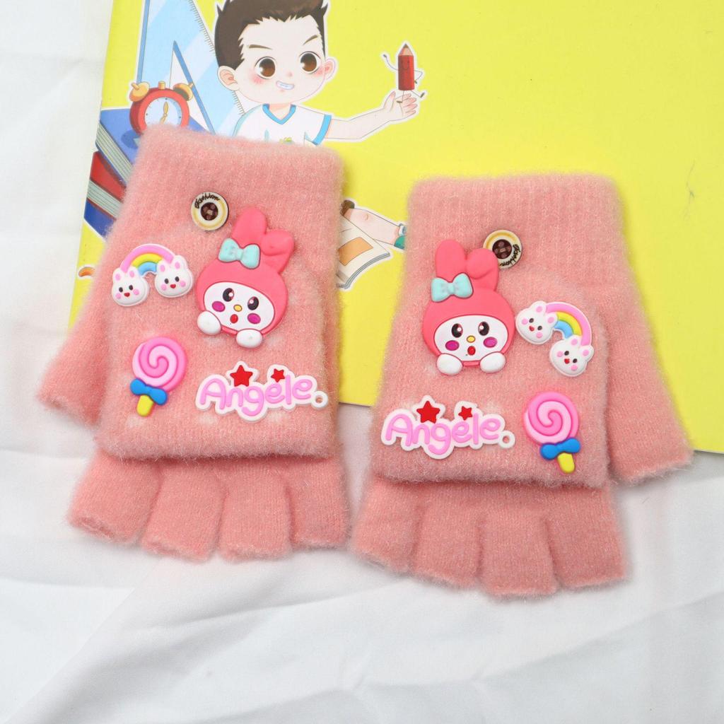 Children's Cartoon Flip-Top Knitted Gloves - Cozy, Thick, Half-Finger Design for Boys and Girls (Autumn/Winter)