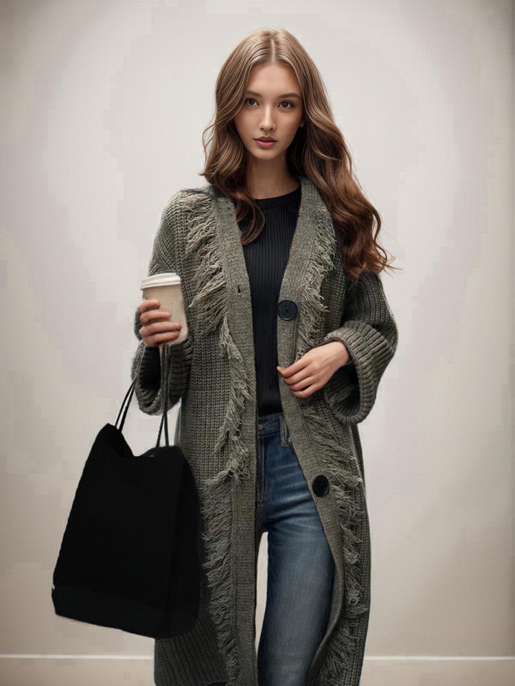 

2025 Осень/Зима Европейская и Американская Женская Мода Трикотажный Кардиган с Кисточками XXXL серый