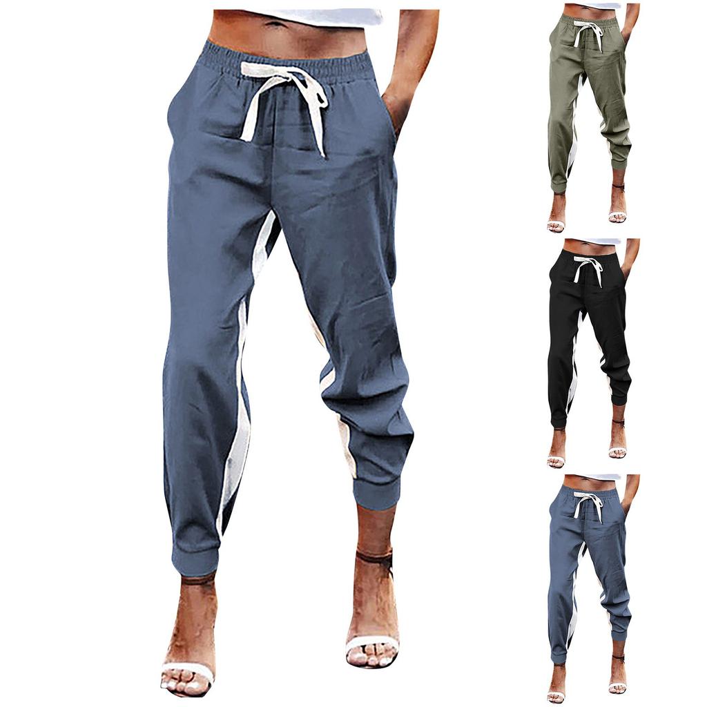 Women's Splicing Casual Tie Foot Elastic Waist String Side Pocket Pencil Pants