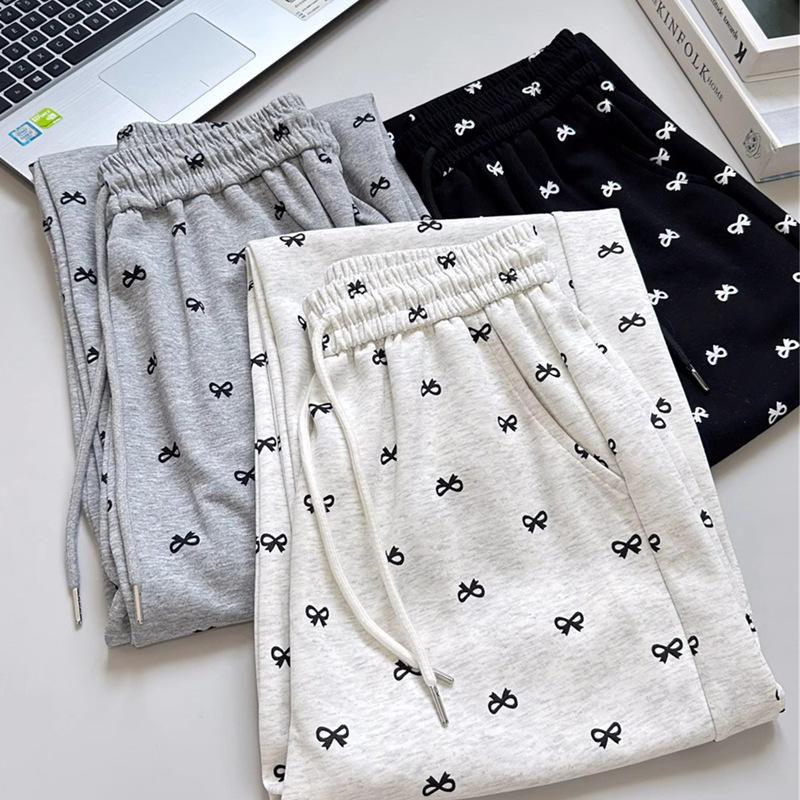 Women's High Waist Bow Draped Print Casual Pants - Petite Floor-Length, Wide Leg, Straight Cut for Spring & Autumn