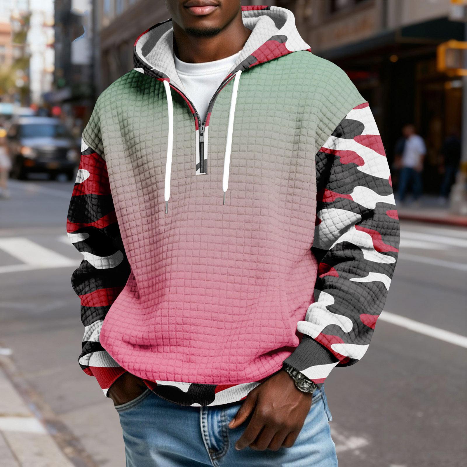Мужской худи-пуловер в клетку с капюшоном на молнии до середины со шнурком и принтом повседневная спортивная толстовка S розовый 2260₽