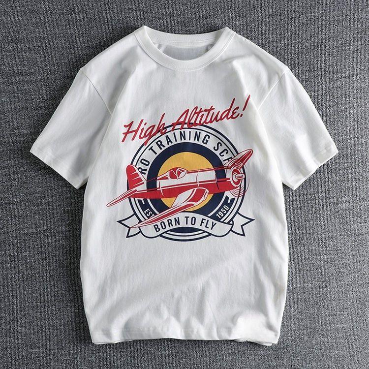 Sommer Retro Militärstil Flugzeuge Druck Baumwolle T-Shirt Reines Baumwolle Bequem T-Shirt