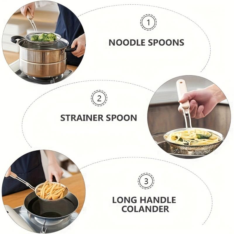 Stainless Steel Strainer Skimmer With Heat-Resistant Wooden Handle - Oil Filter Mesh Kitchen Tool Multi-Purpose Durable Kitchen Utensil