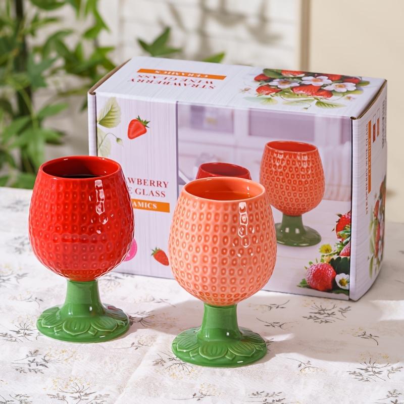 Ceramic Strawberry Embossed Wine Glass Set, Large European Style Stemware for Dining and Milk, Reusable, Insulated , Machine Washable