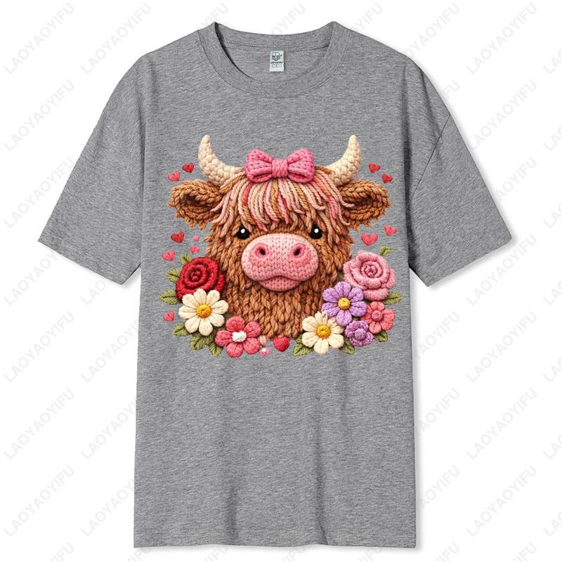 Highland Cow Rose Valentine Cotton Tshirts Imitation Knitting Printed Preppy Lovely Style Casual Cute Retro Women Oneck Tops