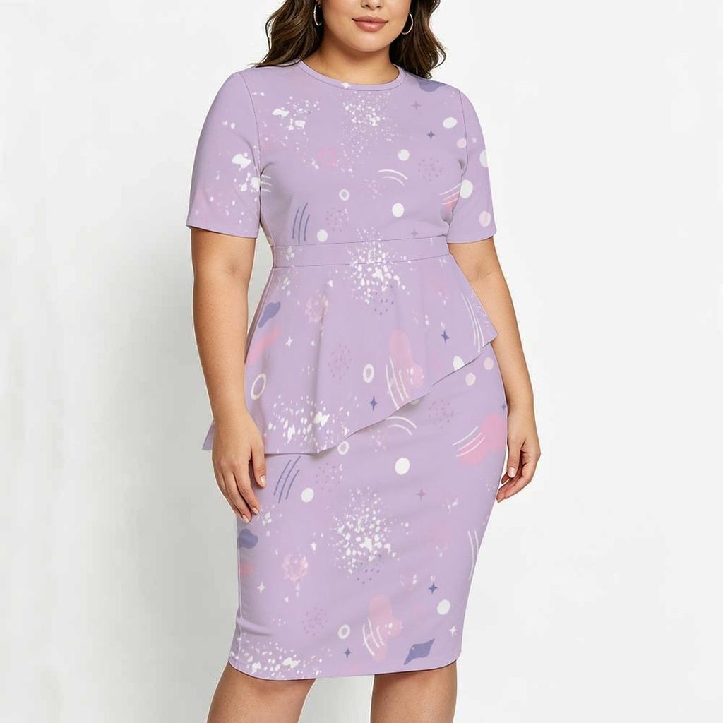 Women Plus Size Halloween Printed Round Neck Short Sleeve Asymmetric Top Fitted Skirt Two Piece Set