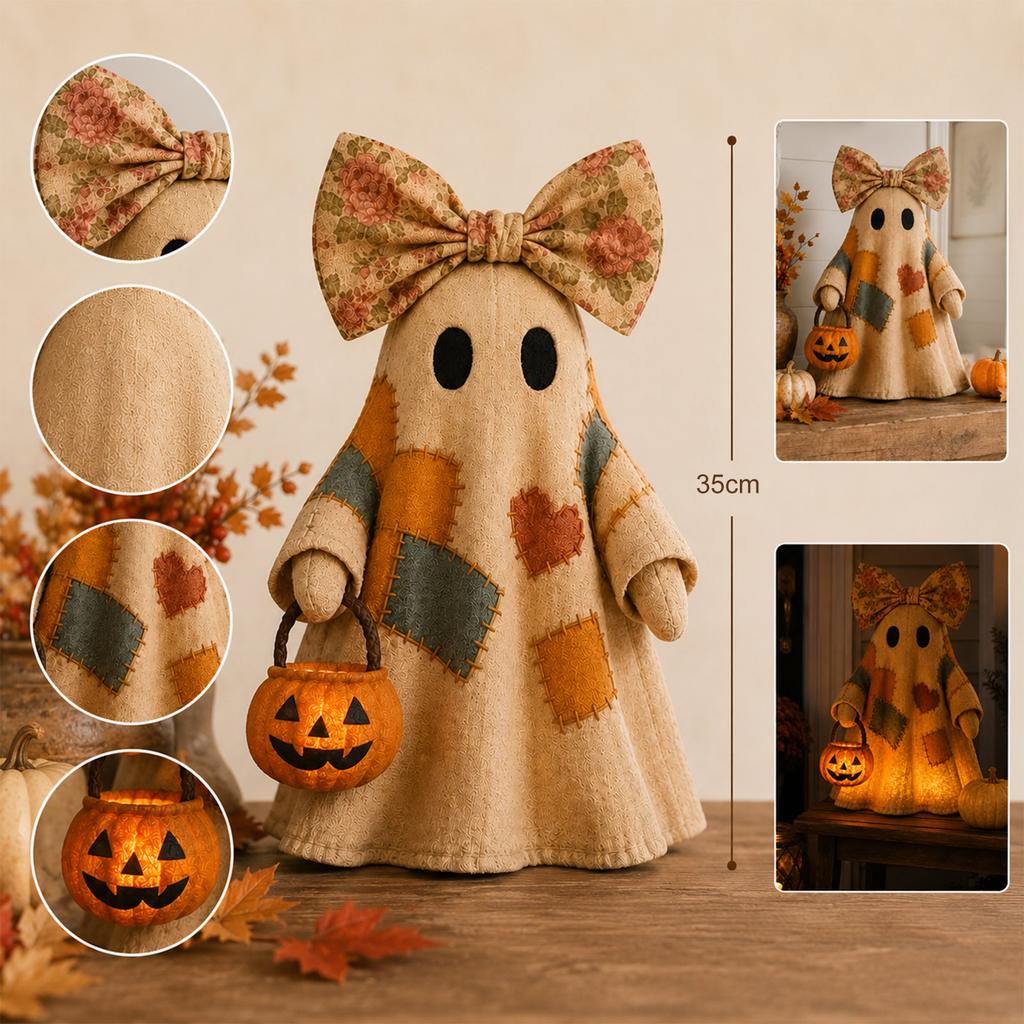 Figurina Fantasma Patchwork con Luce Calda a Batteria 35cm Decorazione di Halloween Materiale Tessuto Texture Morbida