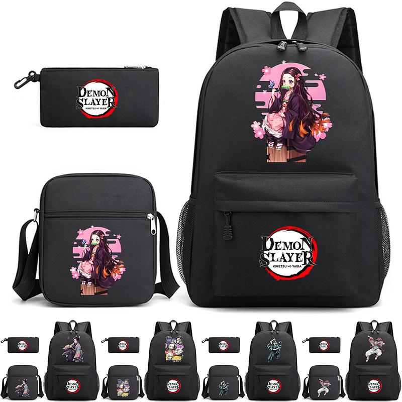 3Pcs/set Anime Demon Slayer Printed Backpack with Shoulder Bag Pencil Case for Teenager Student Boy Girl Waterproof Schoolbag