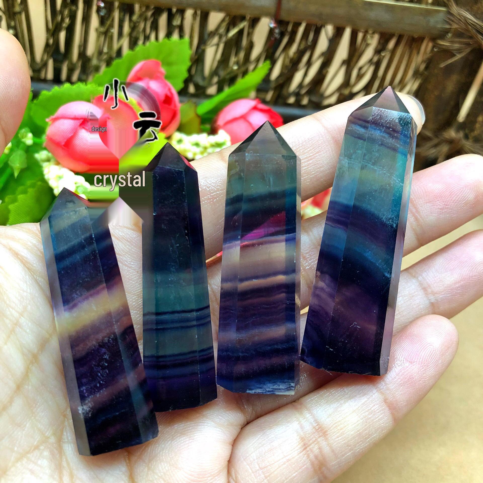 Hexagonal Crystal Column Ornament - Green & Purple Fluorite with Seven-Colored Fluorite