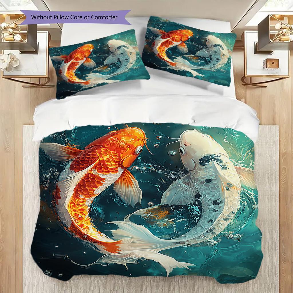 Koi Fish Pattern Bedding Quilt Set Quilt Cover Pillowcase Home Decoration Birthday Gift (1 * duvet cover + 2 * pillowcase, without core)