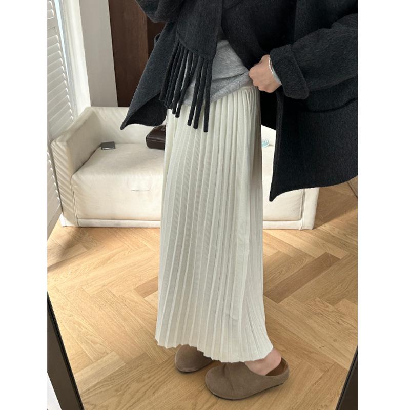 Korean Style High-Waisted Pleated Gray Knit Skirt for Women, Autumn/Winter, Versatile, Imitation Wool Medium белый