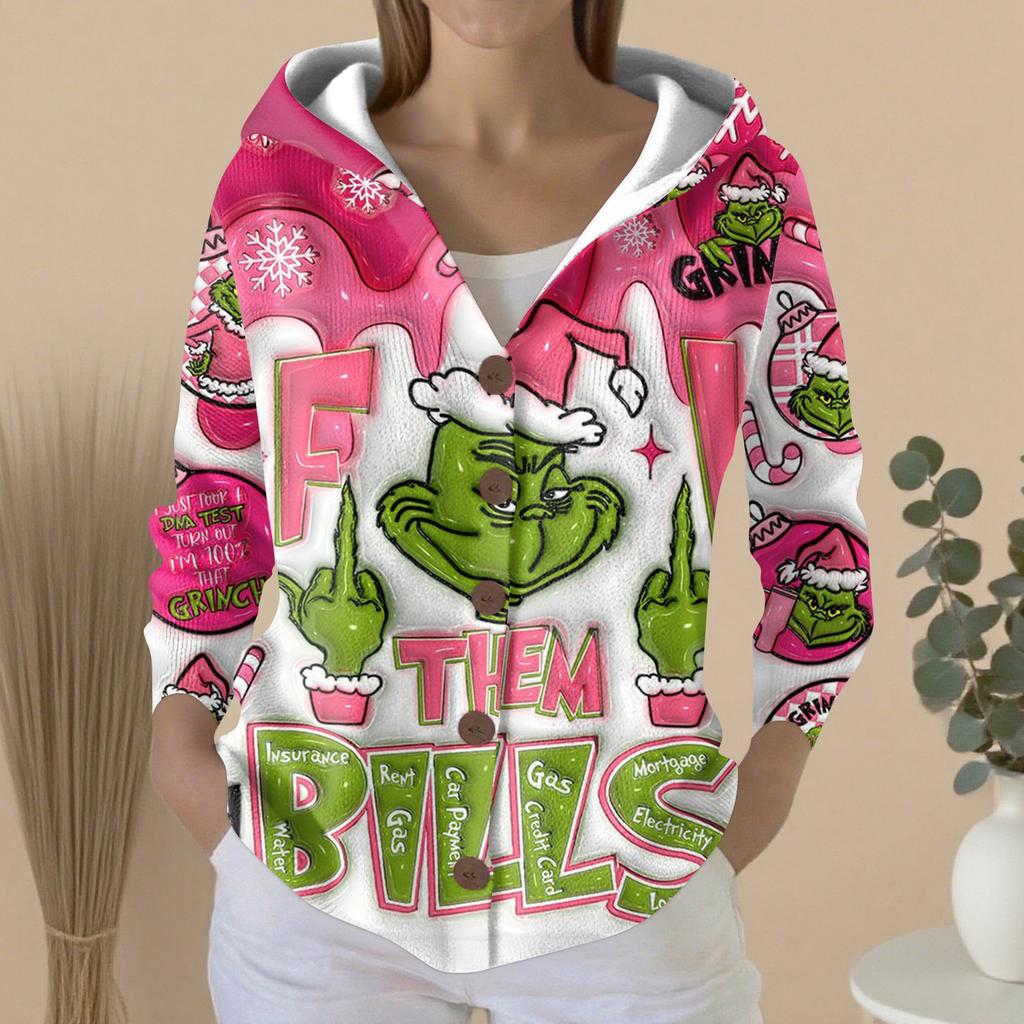Women's Fashion Casual Sweater Button-Up Print Cardigan  Hooded Jacket
