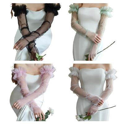 Guantes de Encaje de Malla hasta el Codo para Vestimenta de Novia y Eventos Especiales Ribete de Volantes Mangas Transparentes Sin Dedos y Transparentes