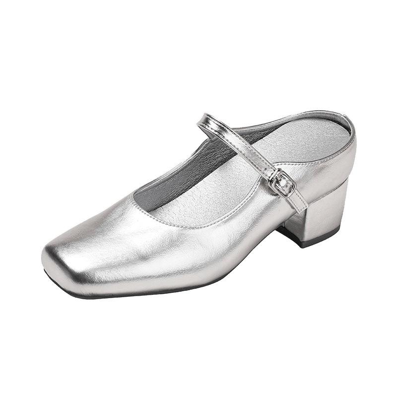 Sandals silver thick heel square head light mouth single shoes women's shoes new small inner height increase outer wear