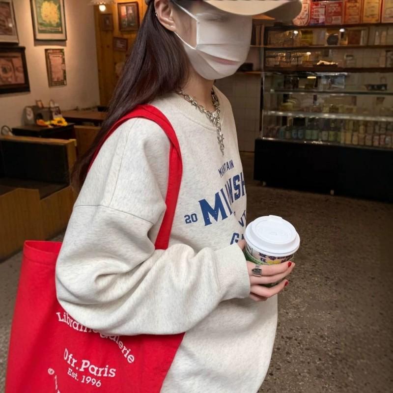 American Streetwear Vintage Oversized Crewneck Sweatshirt Winter Fleece Lined Casual Top