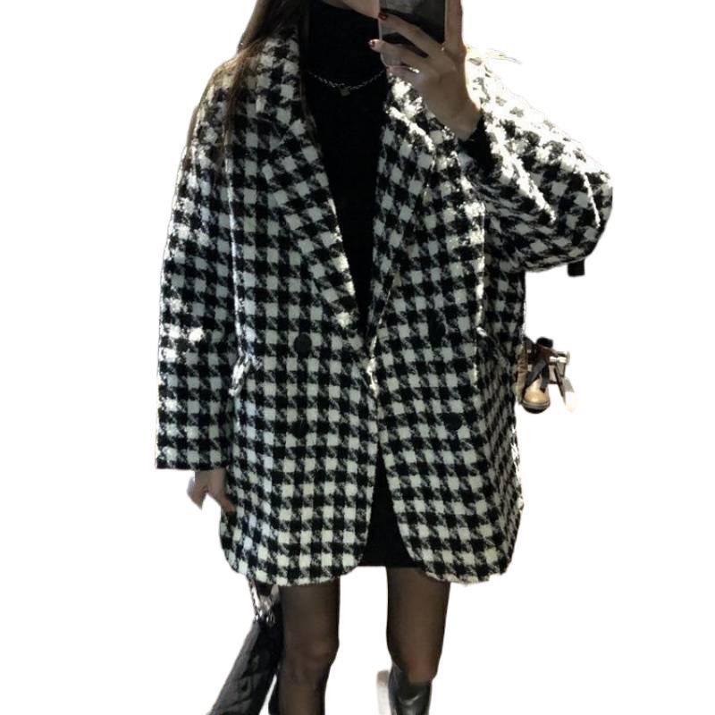 Women's Mid-Length Houndstooth Woolen Coat - Quilted, Loose Fit, Warm for Autumn and Winter