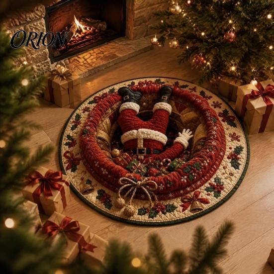 Retro Style Floor Pad Christmas Round Area Rug, 3D Optical Illusion Carpet, Stain & Wear Visual Rug Resistant Throw for Living Room Sofa Bedroom