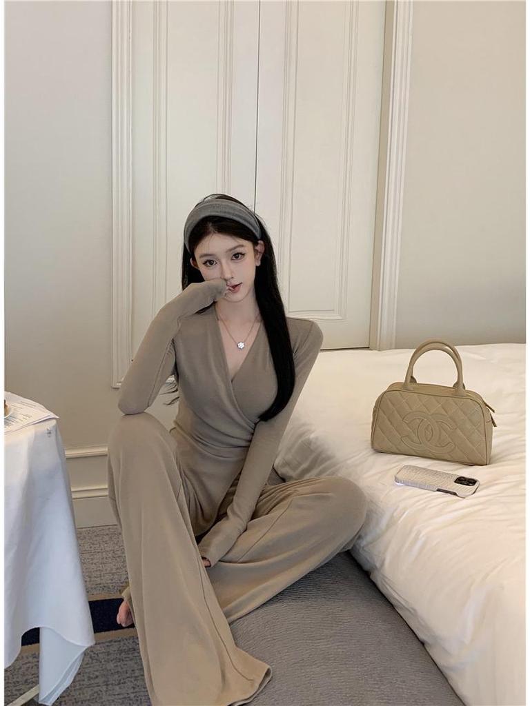 Irregular Slim Fit V-neck Top & Micro Flare Wide Leg Pants Set for Women - Autumn Collection 2026