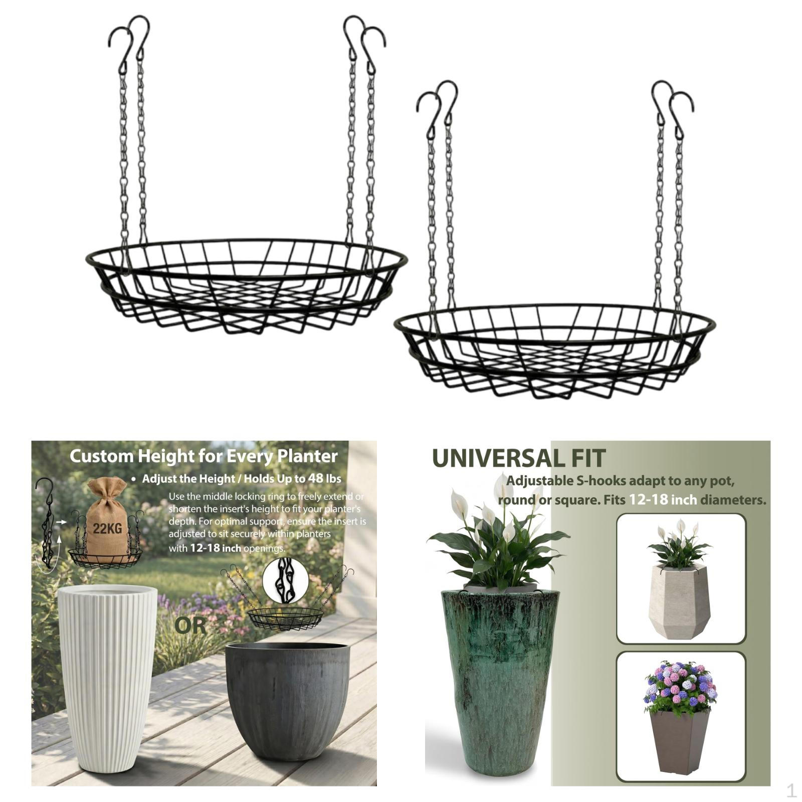 2Pcs Adjustable Planter Insert for Pots Pot Filler Sturdy with Chain Hooks Plant